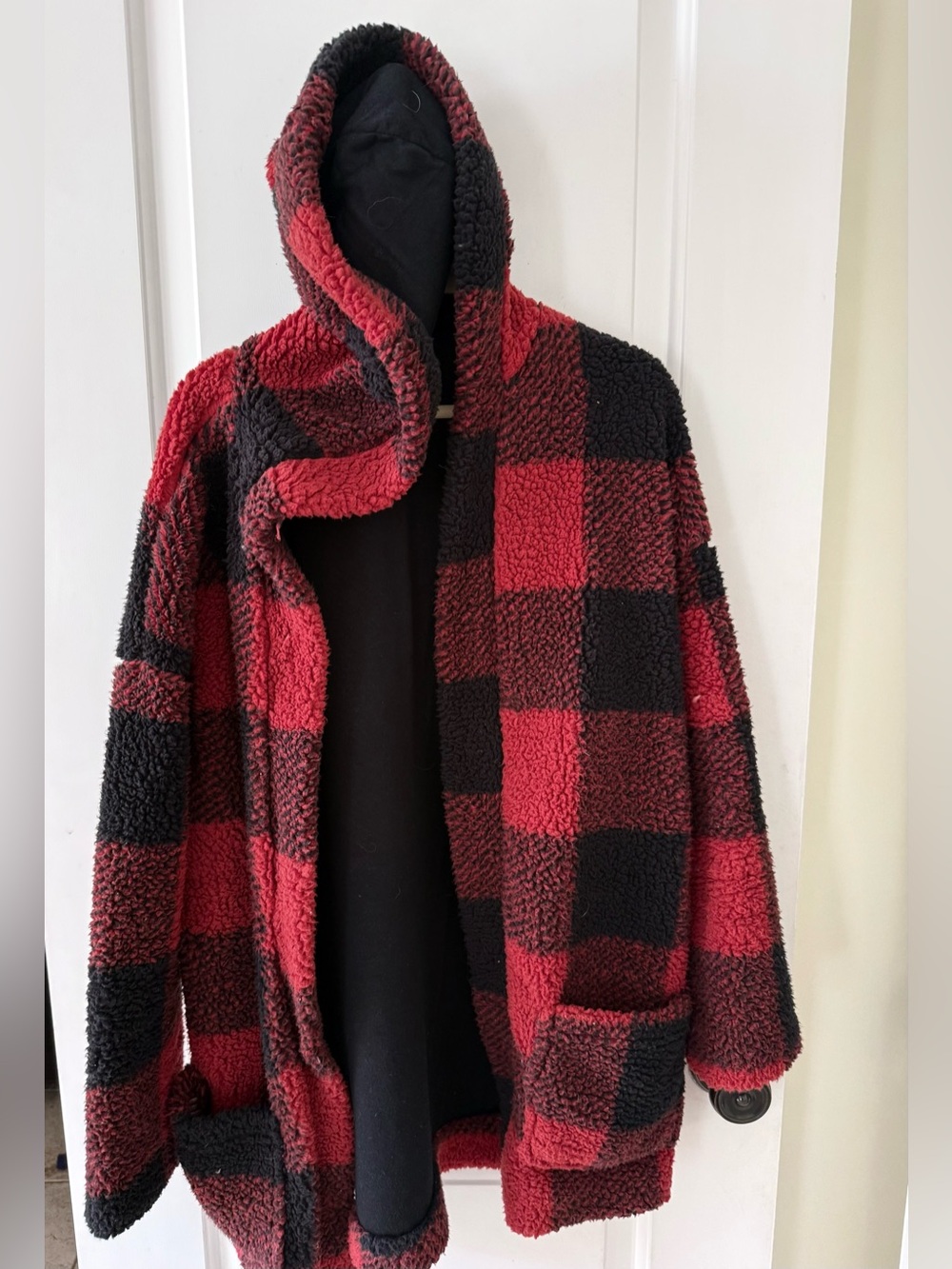 Pink Rose Red & Black Buffalo Plaid Sherpa Hooded Cardigan – Size Large